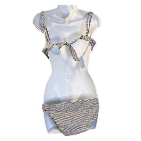 Women's Striped Two Piece Lightly Lined Twist Front Top Shirred Side Bottom - Picture 2 of 8